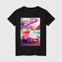 Женская футболка Барби в кабриолете на горной дороге