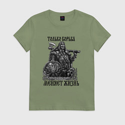 Женская футболка Русич с топором и щитом с символикой велеса