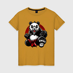 Женская футболка Панда в прыжке на фоне красного солнца