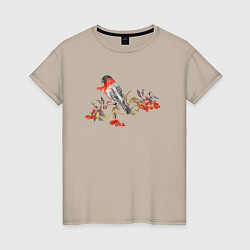 Женская футболка Снегирь на ветке с ягодами рябины