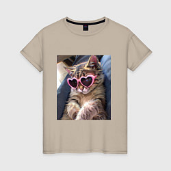 Футболка хлопковая женская Милый мем-кот в очках в стиле аниме, цвет: миндальный