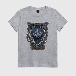 Футболка хлопковая женская Волк талисман в славянском орнаменте, цвет: меланж