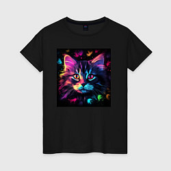 Женская футболка Неоновый котэ в цветах на черном фоне