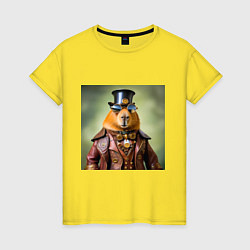 Женская футболка Мем капибара в очках в стиле стимпанк