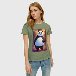 Футболка хлопковая женская Панда в свитере под салютом - ai art, цвет: авокадо — фото 2