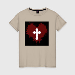 Футболка хлопковая женская Сердце крест черный квадрат, цвет: миндальный
