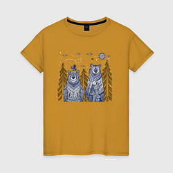 Футболка хлопковая женская Два медведя в стиле мезенской росписи, цвет: горчичный
