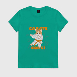 Футболка хлопковая женская Карате корги, мем, цвет: зеленый