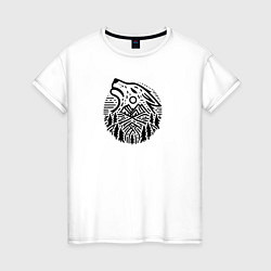 Женская футболка Голова воющего волка с горным пейзажем
