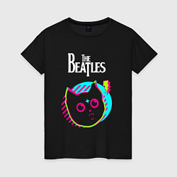 Футболка хлопковая женская The Beatles rock star cat, цвет: черный