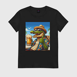 Женская футболка Чувак крокодил с пивом на пляже