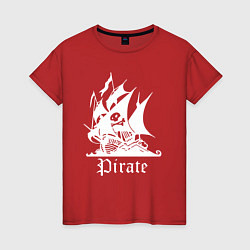 Футболка хлопковая женская Пиратский корабль весёлый Роджер, цвет: красный