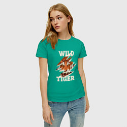 Футболка хлопковая женская Дикий тигр арт, цвет: зеленый — фото 2