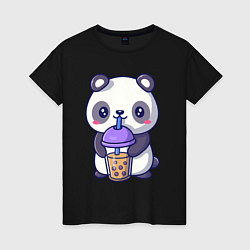 Футболка хлопковая женская Panda drink, цвет: черный