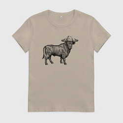 Футболка хлопковая женская Бык в новогодней шапке, цвет: миндальный