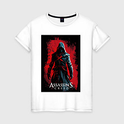 Футболка хлопковая женская Assassins creed на фоне красной стены, цвет: белый