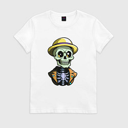 Футболка хлопковая женская Скелет в жёлтой шляпе, цвет: белый