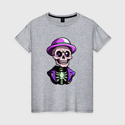 Футболка хлопковая женская Скелет в фиолетовой шляпе, цвет: меланж