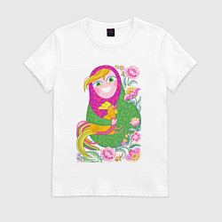 Футболка хлопковая женская Матрешка и Петушок золотой гребешок, цвет: белый