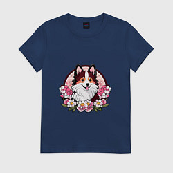 Женская футболка Колли среди цветов сакуры