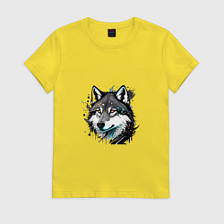 Женская футболка Портрет волка с брызгами краски