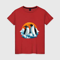 Футболка хлопковая женская Пингвины среди льдов, цвет: красный