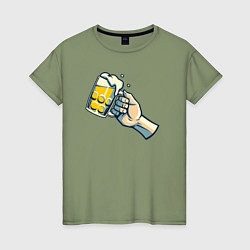 Футболка хлопковая женская Кружка пива в руке, цвет: авокадо