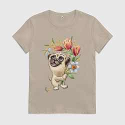 Женская футболка Мопс с букетом