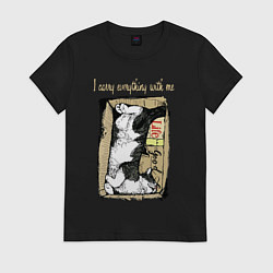 Футболка хлопковая женская Кот в картонной коробке, цвет: черный