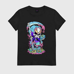 Футболка хлопковая женская Смерть в балахоне сидит на надгробии, цвет: черный