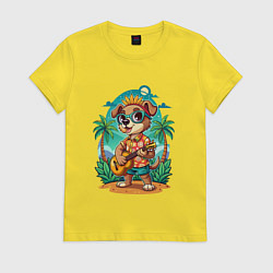 Женская футболка Щенок играет на гитаре жарким летом