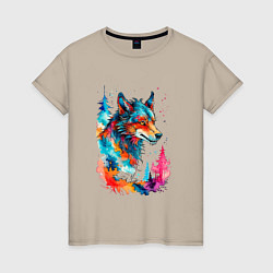 Футболка хлопковая женская Wolf watercolor, цвет: миндальный