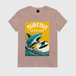 Футболка хлопковая женская Акула и серфер - нейросеть, цвет: пыльно-розовый