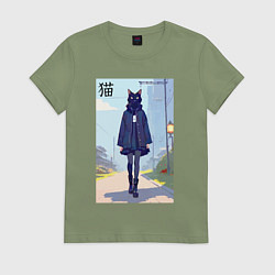 Женская футболка Чёрная кошечка на своём районе - нейросеть