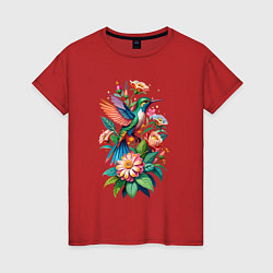 Футболка хлопковая женская Колибри среди цветов, цвет: красный
