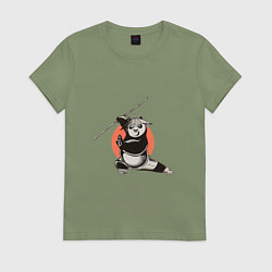 Футболка хлопковая женская Кунгфу панда По с бамбуковой палкой, цвет: авокадо