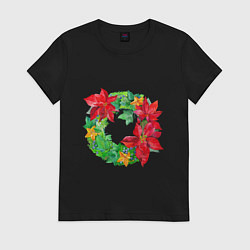 Женская футболка Новогодний венок из плюща и пуансеттии