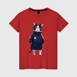 Футболка хлопковая женская Кот в длинной куртке, цвет: красный