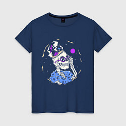 Футболка хлопковая женская Скелет в гавайской рубашке, цвет: тёмно-синий