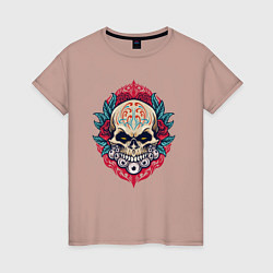 Футболка хлопковая женская Roses skull, цвет: пыльно-розовый