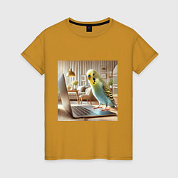 Футболка хлопковая женская Волнистый попугай с ноутбуком, цвет: горчичный