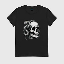 Футболка хлопковая женская Змея и череп, цвет: черный