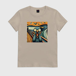 Футболка хлопковая женская Голубь пародия на крик Мунка, цвет: миндальный