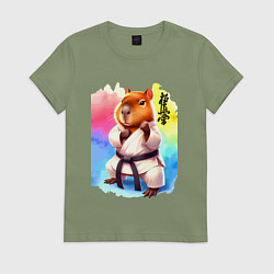 Футболка хлопковая женская Кёкусинкай карате - капибара, цвет: авокадо
