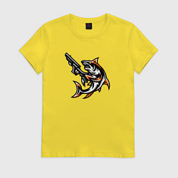 Футболка хлопковая женская Акула с пистолетом, цвет: желтый