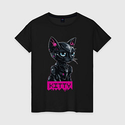 Футболка хлопковая женская Киберкошка чёрная - cyber kitty black, цвет: черный