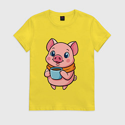 Женская футболка Поросенок пьет кофе