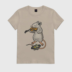 Футболка хлопковая женская Мышонок скрипач, цвет: миндальный