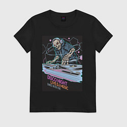 Футболка хлопковая женская Диджей скелет в наушниках, цвет: черный
