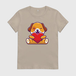 Футболка хлопковая женская Собачка и сердечко, цвет: миндальный
